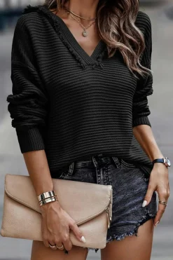 New Dear-Lover V Neck Ribbed Drop Shoulder Hooded Sweater Black