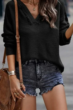 New Dear-Lover V Neck Ribbed Drop Shoulder Hooded Sweater Black
