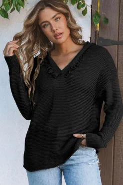 New Dear-Lover V Neck Ribbed Drop Shoulder Hooded Sweater Black