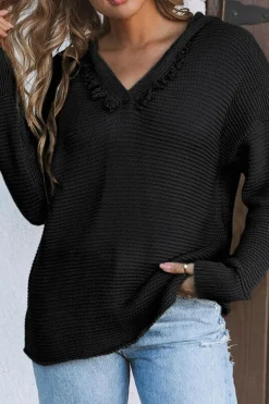 New Dear-Lover V Neck Ribbed Drop Shoulder Hooded Sweater Black