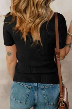 Fashion Dear-Lover V Neck Ribbed Knit Lightweight Short Sleeve Sweater Black
