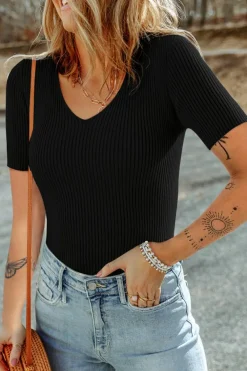 Fashion Dear-Lover V Neck Ribbed Knit Lightweight Short Sleeve Sweater Black