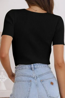 Fashion Dear-Lover V Neck Ribbed Knit Lightweight Short Sleeve Sweater Black