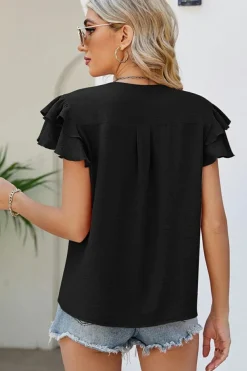 Sale Dear-Lover V Neck Ruffle Short Sleeve Blouse Black