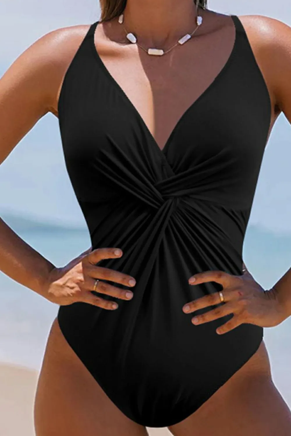 New Dear-Lover V Neck Twist Ruched Crisscross Backless One-Piece Swimsuit Black