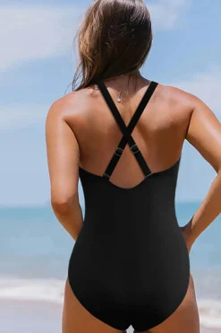 New Dear-Lover V Neck Twist Ruched Crisscross Backless One-Piece Swimsuit Black
