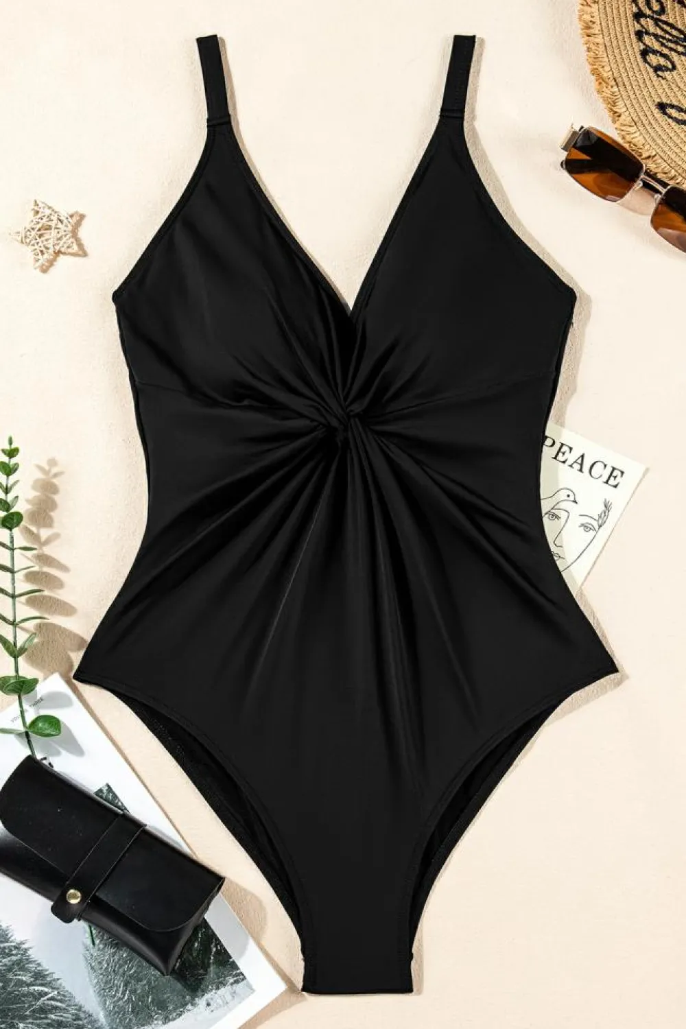 New Dear-Lover V Neck Twist Ruched Crisscross Backless One-Piece Swimsuit Black