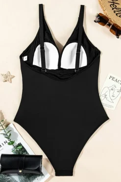 New Dear-Lover V Neck Twist Ruched Crisscross Backless One-Piece Swimsuit Black