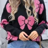 Sale Dear-Lover Valentine Bowknot Knitted Round Neck Fashion Sweater Black