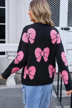 Sale Dear-Lover Valentine Bowknot Knitted Round Neck Fashion Sweater Black