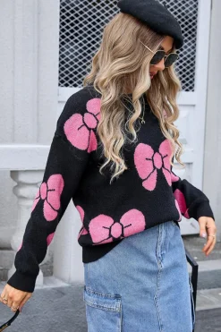 Sale Dear-Lover Valentine Bowknot Knitted Round Neck Fashion Sweater Black
