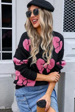 Sale Dear-Lover Valentine Bowknot Knitted Round Neck Fashion Sweater Black