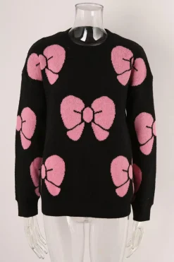 Sale Dear-Lover Valentine Bowknot Knitted Round Neck Fashion Sweater Black
