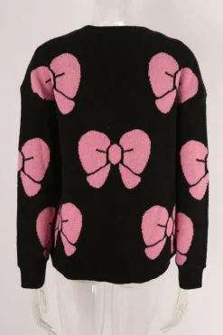 Sale Dear-Lover Valentine Bowknot Knitted Round Neck Fashion Sweater Black