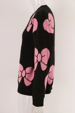 Sale Dear-Lover Valentine Bowknot Knitted Round Neck Fashion Sweater Black