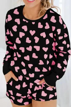 Outlet Dear-Lover Valentine Heart Shape Print Long Sleeve Top Shorts Lounge Set Black