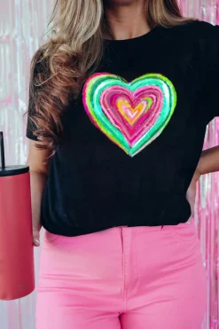 Fashion Dear-Lover Valentine Heart Shaped Print Crew Neck T Shirt Black