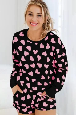 Outlet Dear-Lover Valentine Heart Shape Print Long Sleeve Top Shorts Lounge Set Black