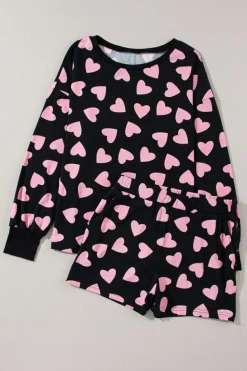 Outlet Dear-Lover Valentine Heart Shape Print Long Sleeve Top Shorts Lounge Set Black