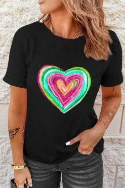Fashion Dear-Lover Valentine Heart Shaped Print Crew Neck T Shirt Black