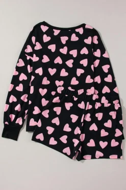 Outlet Dear-Lover Valentine Heart Shape Print Long Sleeve Top Shorts Lounge Set Black