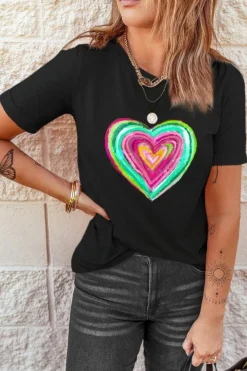 Fashion Dear-Lover Valentine Heart Shaped Print Crew Neck T Shirt Black
