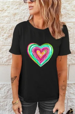 Fashion Dear-Lover Valentine Heart Shaped Print Crew Neck T Shirt Black