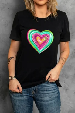 Fashion Dear-Lover Valentine Heart Shaped Print Crew Neck T Shirt Black