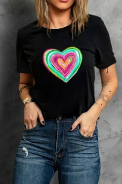 Fashion Dear-Lover Valentine Heart Shaped Print Crew Neck T Shirt Black