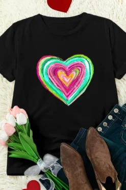 Fashion Dear-Lover Valentine Heart Shaped Print Crew Neck T Shirt Black