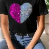New Dear-Lover Valentine Two Tone Sequined Heart Shaped Graphic T Shirt Black