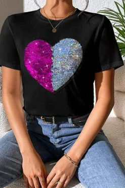 New Dear-Lover Valentine Two Tone Sequined Heart Shaped Graphic T Shirt Black