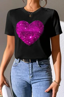 New Dear-Lover Valentine Two Tone Sequined Heart Shaped Graphic T Shirt Black