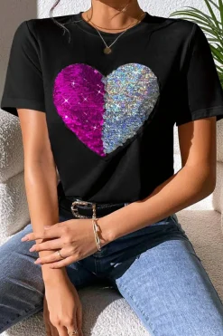 New Dear-Lover Valentine Two Tone Sequined Heart Shaped Graphic T Shirt Black