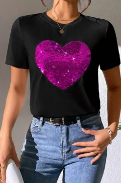 New Dear-Lover Valentine Two Tone Sequined Heart Shaped Graphic T Shirt Black