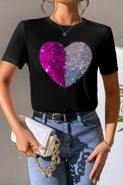 New Dear-Lover Valentine Two Tone Sequined Heart Shaped Graphic T Shirt Black