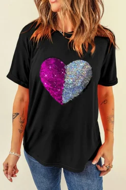 New Dear-Lover Valentine Two Tone Sequined Heart Shaped Graphic T Shirt Black