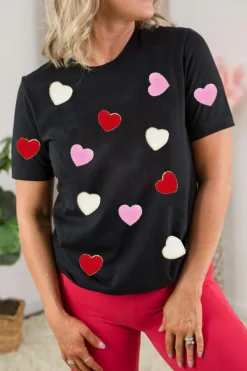 Fashion Dear-Lover Valentines Chenille Heart Patched Pattern Crewneck Tee Black