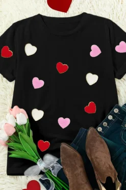 Fashion Dear-Lover Valentines Chenille Heart Patched Pattern Crewneck Tee Black