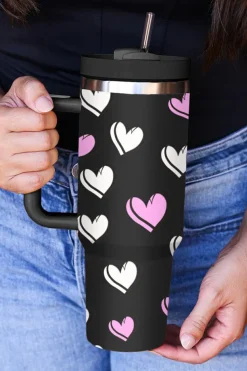 New Dear-Lover Valentines Heart Printed Thermos Cup with Handle 40oz Black
