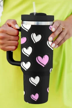 New Dear-Lover Valentines Heart Printed Thermos Cup with Handle 40oz Black