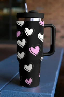 New Dear-Lover Valentines Heart Printed Thermos Cup with Handle 40oz Black