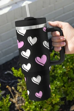 New Dear-Lover Valentines Heart Printed Thermos Cup with Handle 40oz Black