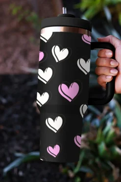 New Dear-Lover Valentines Heart Printed Thermos Cup with Handle 40oz Black