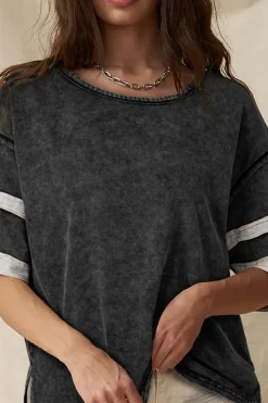 Clearance Dear-Lover Varsity Stripe Half Sleeve Vintage Tee Black