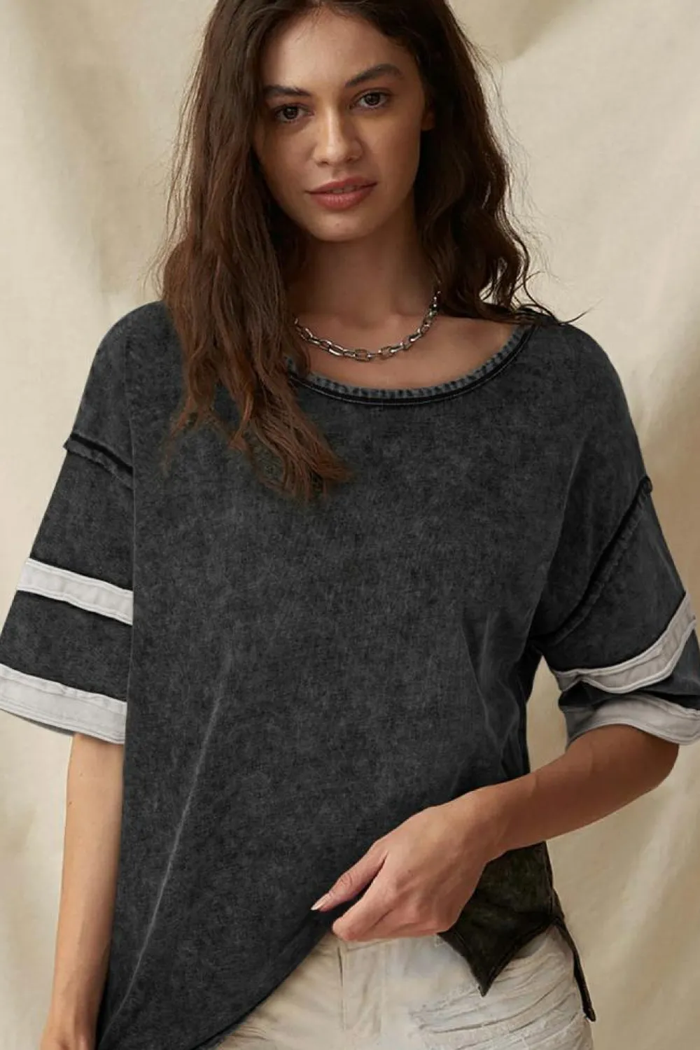 Clearance Dear-Lover Varsity Stripe Half Sleeve Vintage Tee Black