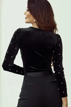 Sale Dear-Lover Velvet Beaded Long Sleeve V Neck Bodysuit Black