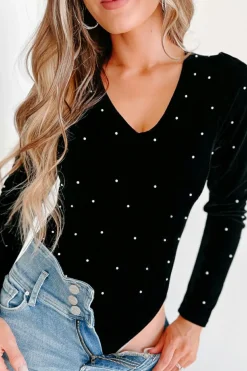 Sale Dear-Lover Velvet Beaded Long Sleeve V Neck Bodysuit Black