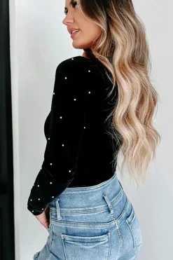 Sale Dear-Lover Velvet Beaded Long Sleeve V Neck Bodysuit Black