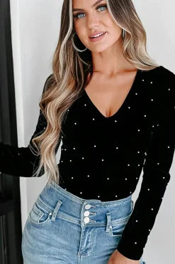 Sale Dear-Lover Velvet Beaded Long Sleeve V Neck Bodysuit Black